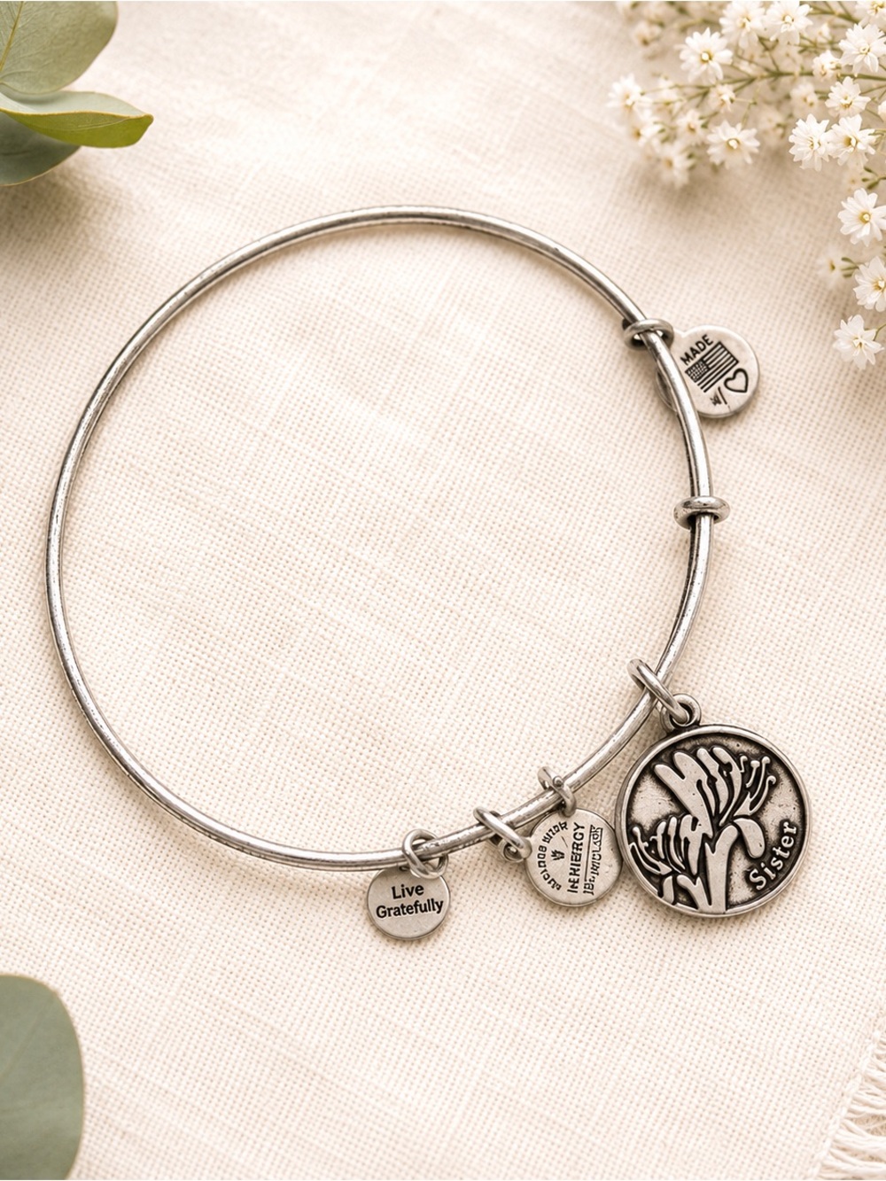 Alex and Ani Silver Sister Charm Bangle Bracelet